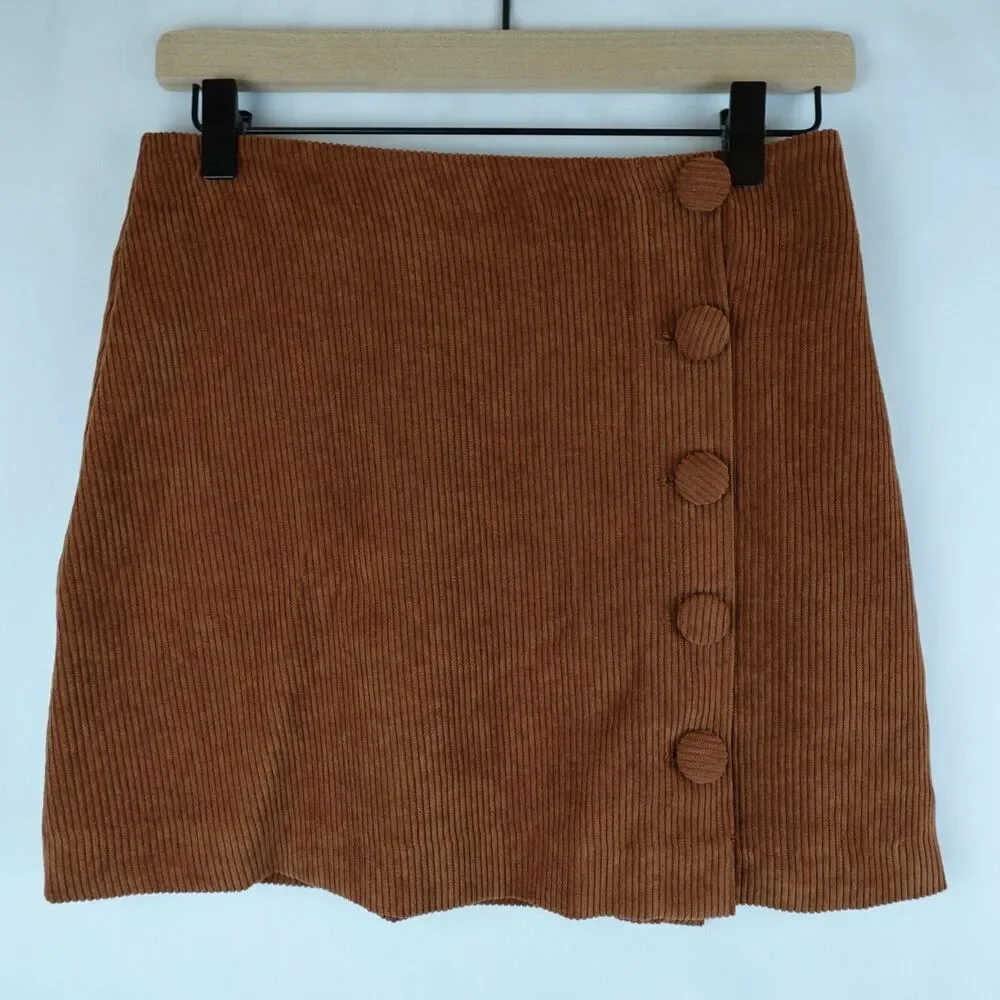 Fashion On Earth Corduroy Skirt Women's Size Small Brown Button Mini Fall Y2K